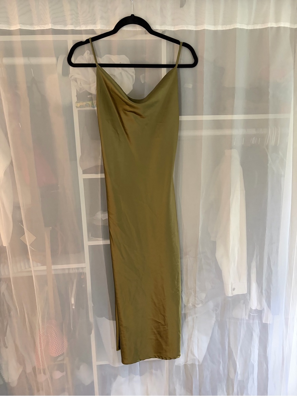 Beginning Boutique Olive Green Slip Midi Dress with Cowl Neck